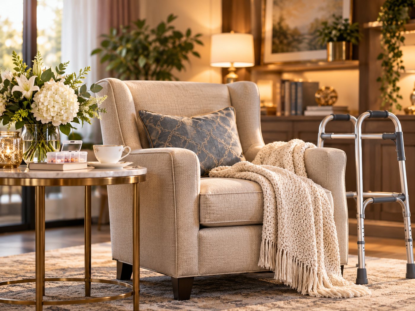 Comfortable armchair with a knit throw beside a walker