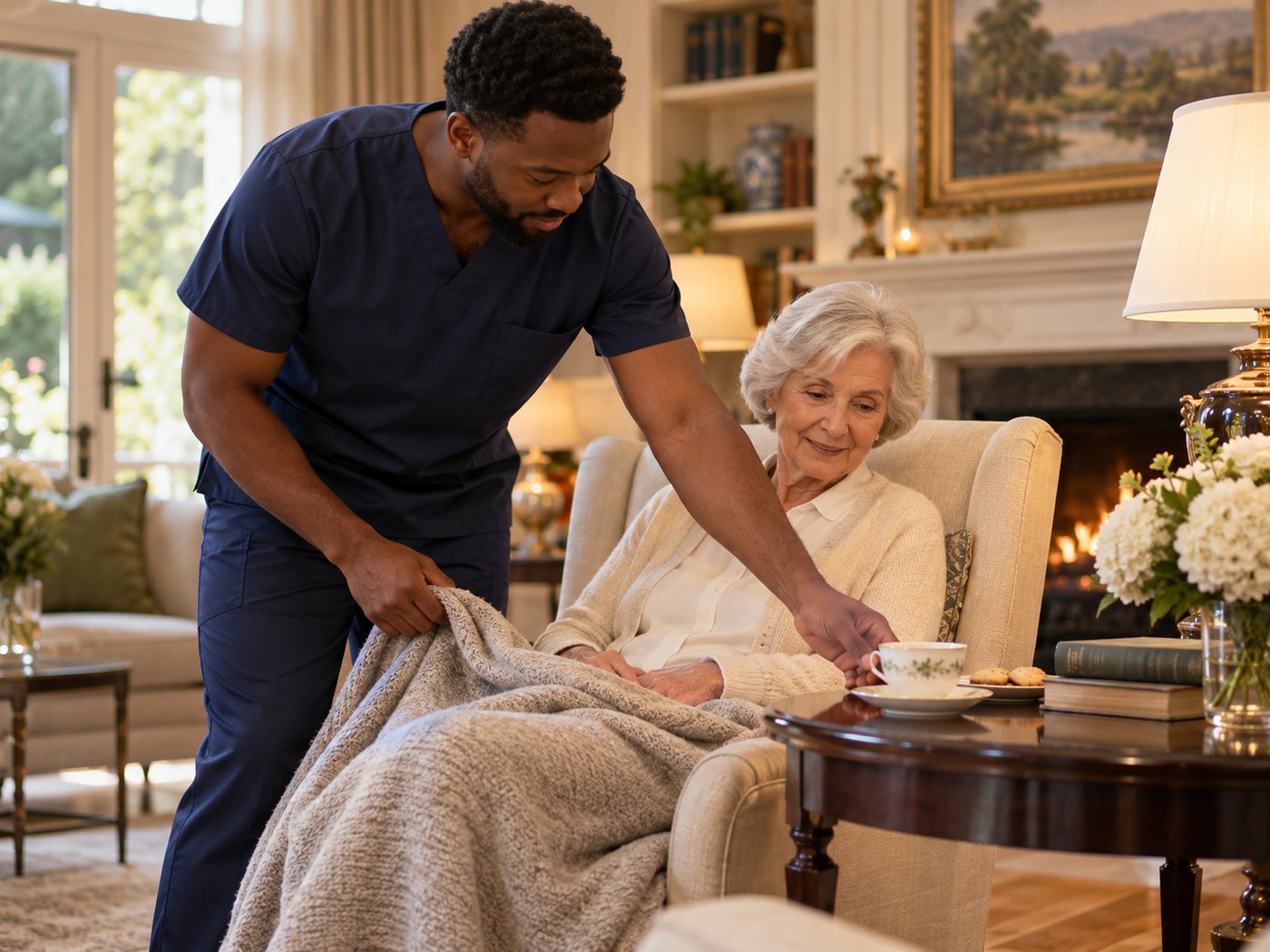 Caregiver tucking a blanket around a smiling senior woman beside the fireplace