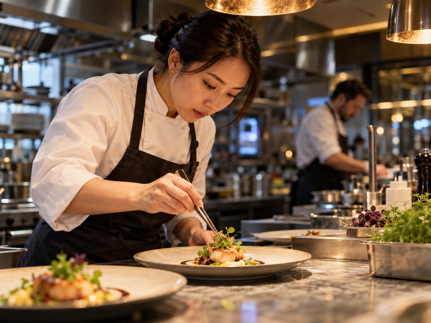 Chef carefully plating a dish in a busy professional kitchen