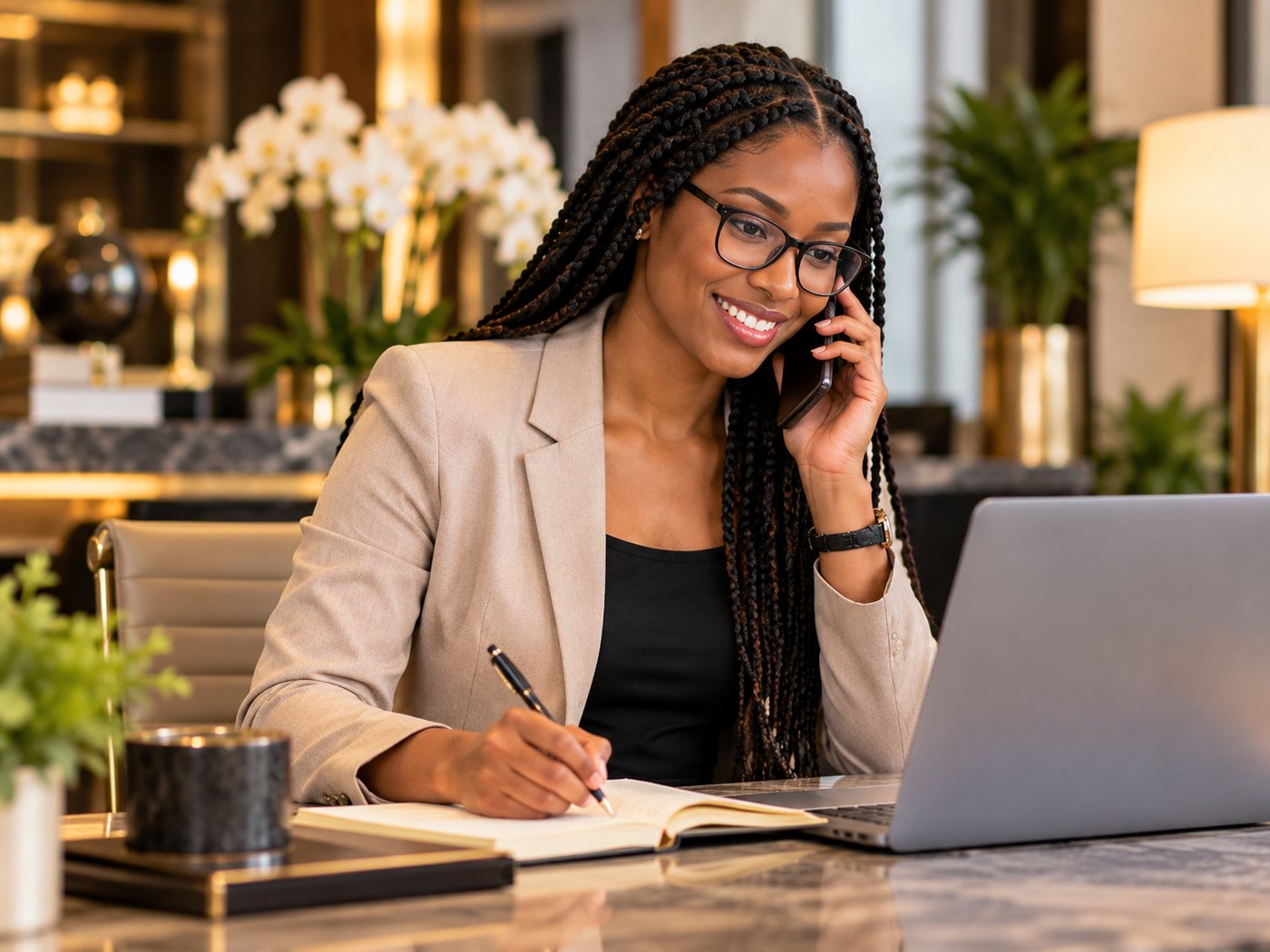 Smiling hospitality coordinator on the phone taking notes at her laptop