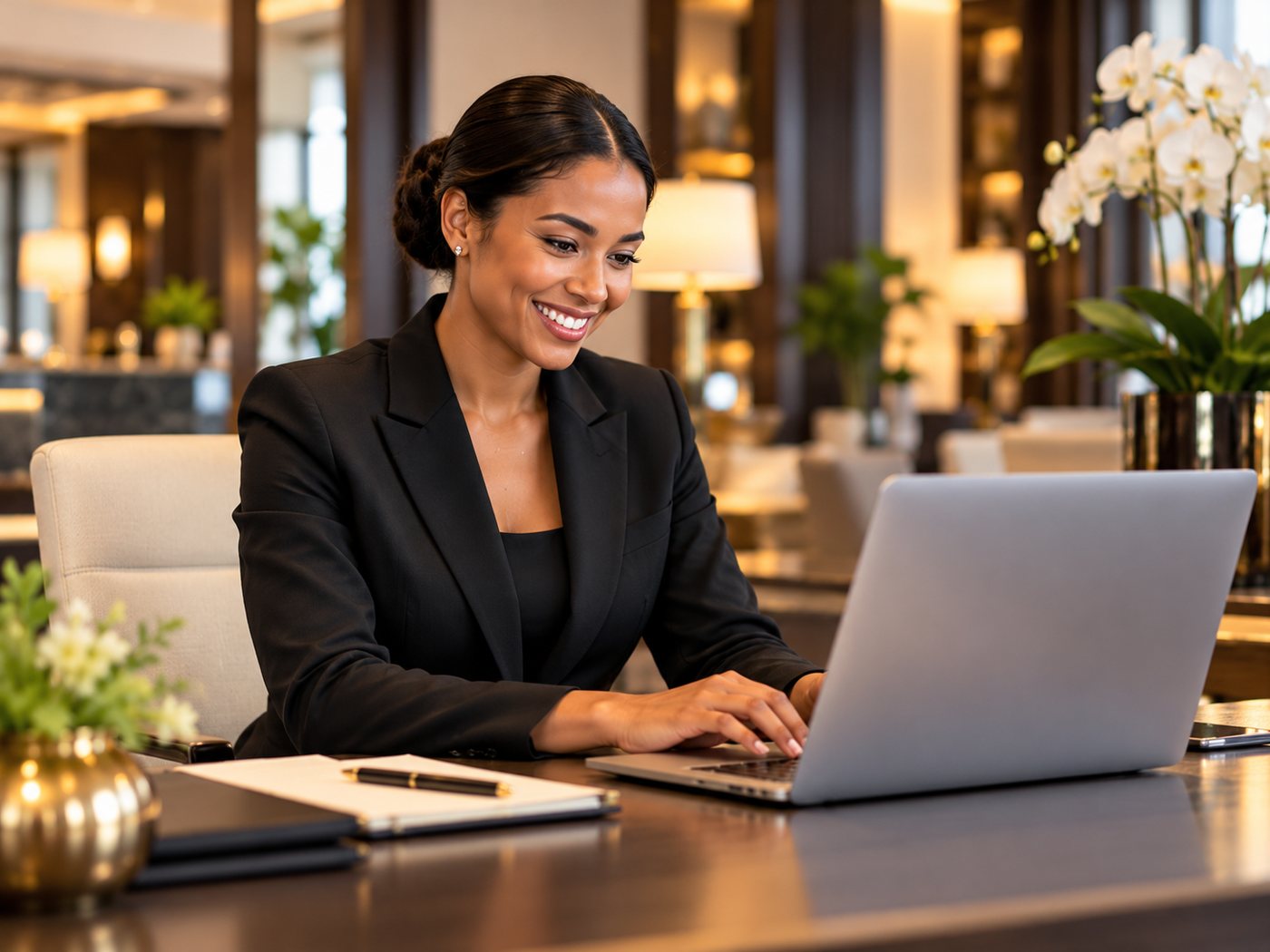 Smiling hospitality professional working at a laptop in a hotel lounge