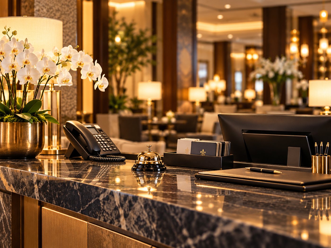 Hotel front desk with orchids