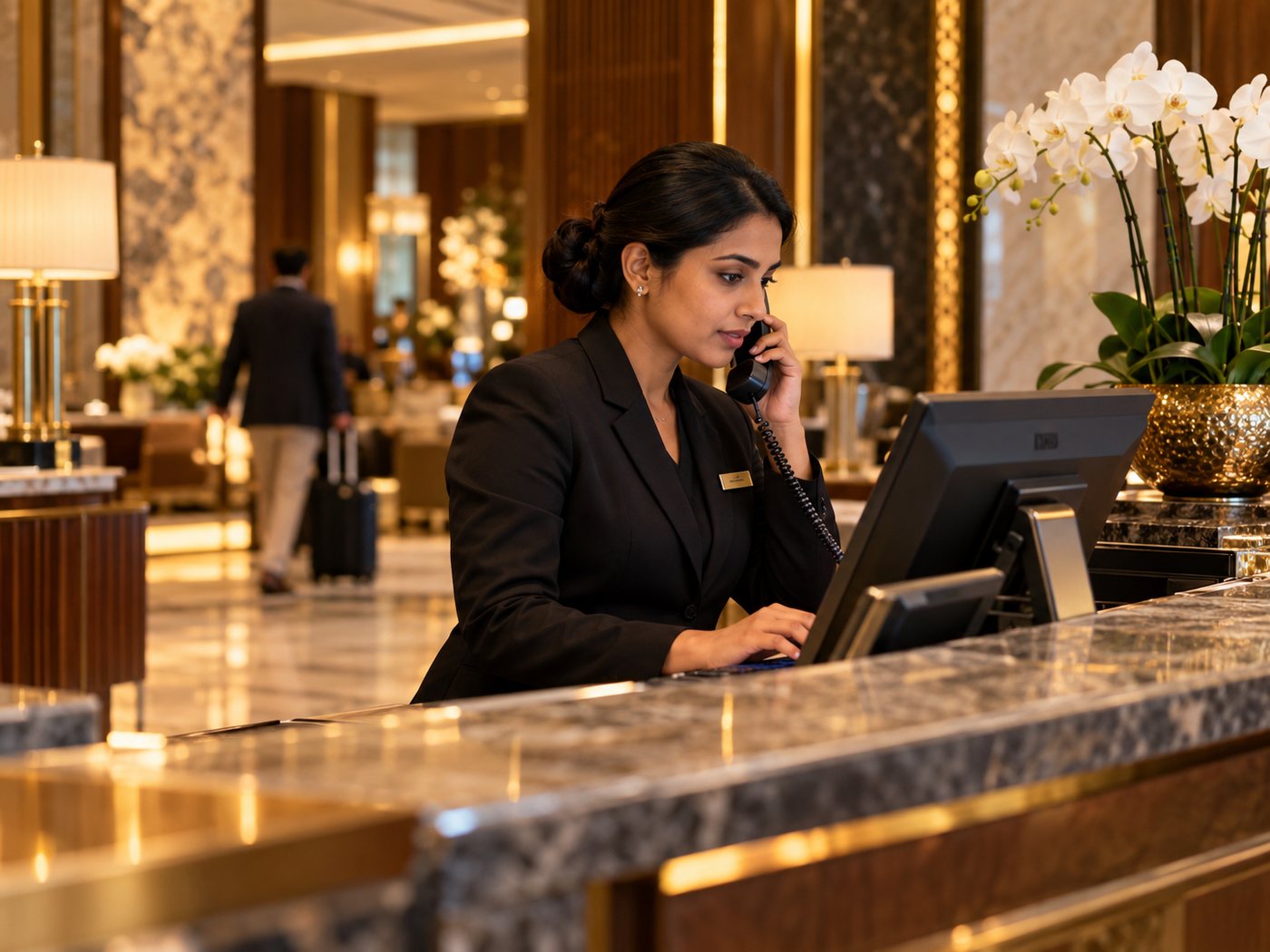 Front desk agent on the phone at a marble desk in an elegant hotel lobby
