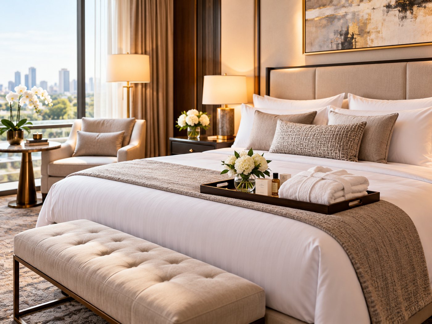 Freshly turned hotel suite with a welcome tray