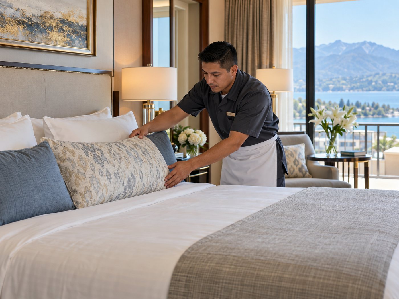 Housekeeper arranging pillows on a freshly made bed in a hotel suite