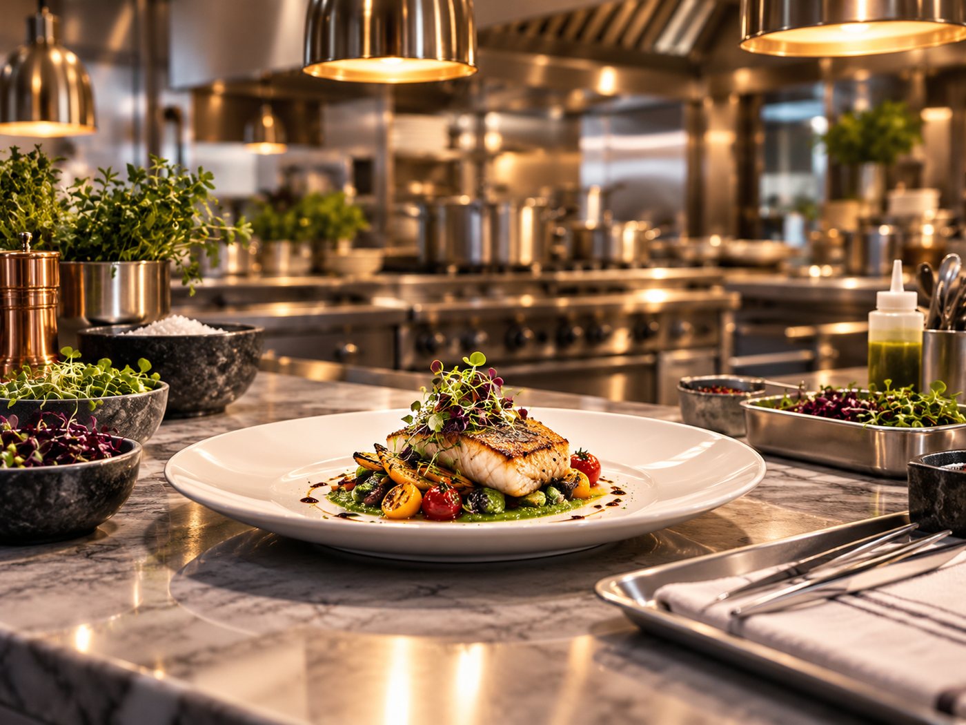 Plated fish dish on a marble pass in a professional kitchen